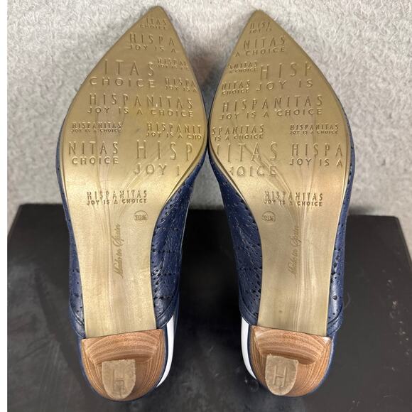 Hispanitas Sling Back Leather Pumps Wood Stacked Heel Navy Blue 38.5 Designer - Picture 6 of 9
